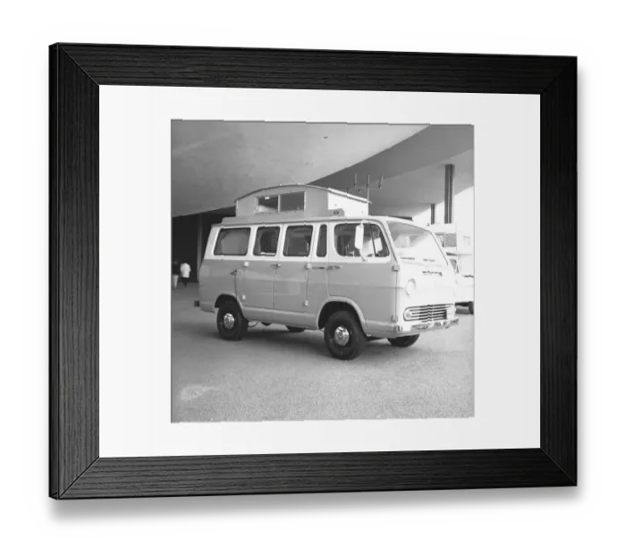 Framed Print : Motor home in parking lot, (B&W) Framed Print : Motor home in parking lot, (B&W)