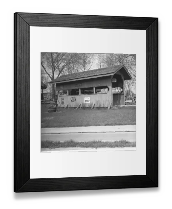 Framed Print : Wooden shed by road, (B&W) Framed Print : Wooden shed by road, (B&W)