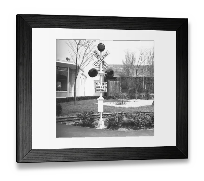 Framed Print : Railroad crossing stop sign and warning light, (B&W) Framed Print : Railroad crossing stop sign and warning light, (B&W)