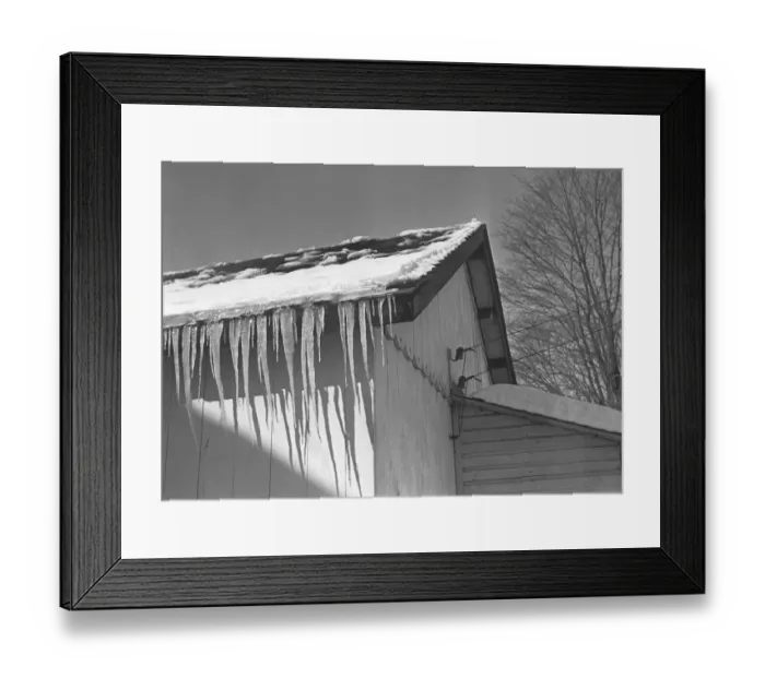 Framed Print : Icicles on barn roof, (B&W) Framed Print : Icicles on barn roof, (B&W)