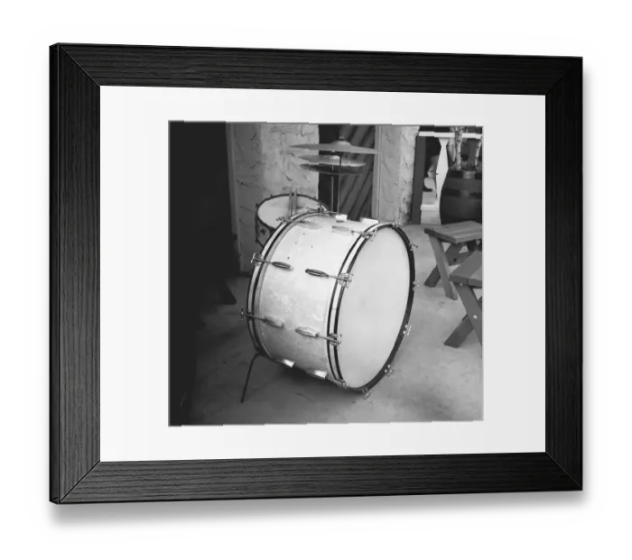 Framed Print : Drum kit, outdoors, (B&W) Framed Print : Drum kit, outdoors, (B&W)