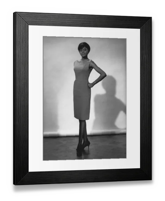 Framed Print : Woman in dress posing in studio, (B&W), portrait