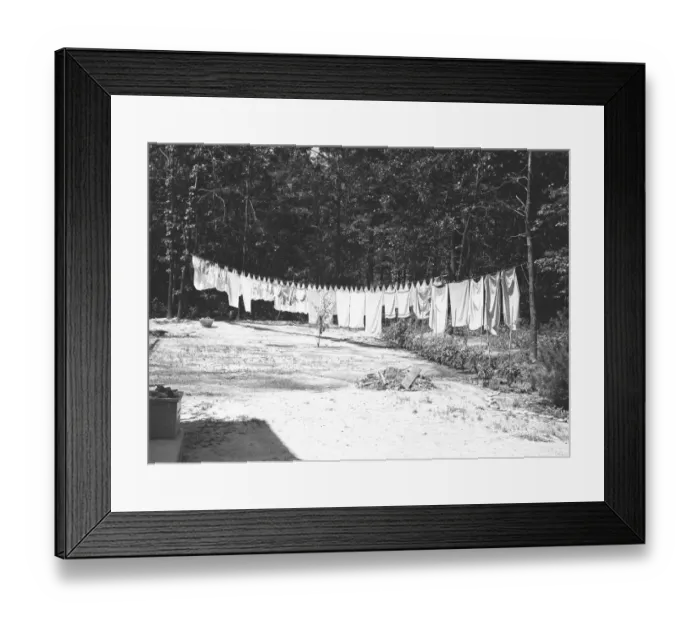 Framed Print : Laundry on a clothesline outdoors, (B&W) Framed Print : Laundry on a clothesline outdoors, (B&W)