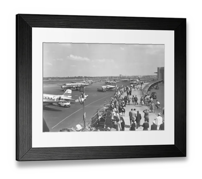 Framed Print : People walking on airpotrt, (B&W), elevated view
