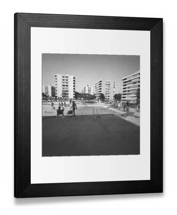 Framed Print : Swimming pool surrounded by apartment buildings, (B&W) Framed Print : Swimming pool surrounded by apartment buildings, (B&W)