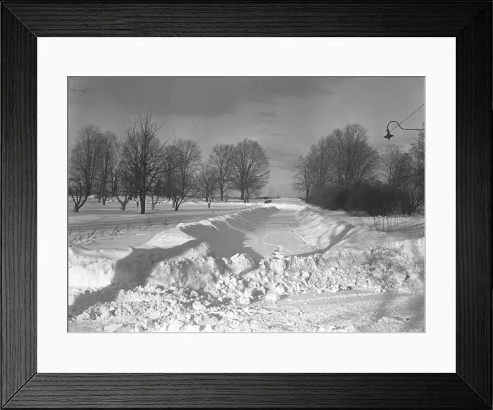 Framed Print : Country road in snow, (B&W)