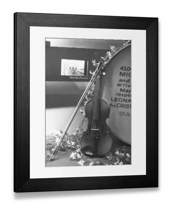 Framed Print : Violin leaning on drum, (B&W)