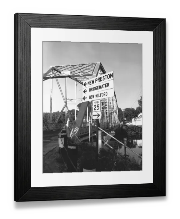 Framed Print : Road sign at bridge, (B&W)