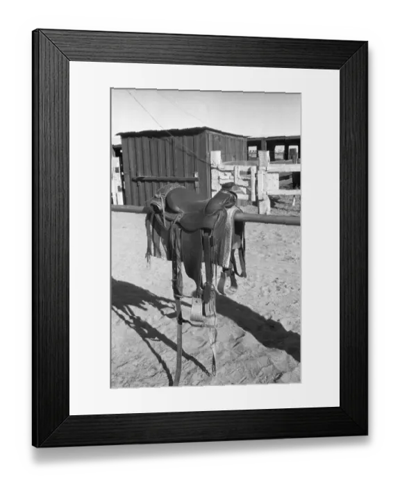 Framed Print : Saddle on wooden fence, (B&W) Framed Print : Saddle on wooden fence, (B&W)