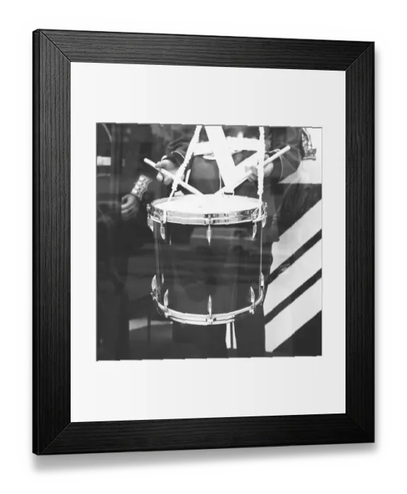 Framed Print : Military band drummer, reflection in window, (B&W), (mid section) Framed Print : Military band drummer, reflection in window, (B&W), (mid section)