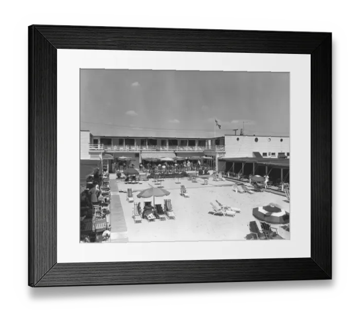 Framed Print : People relaxing by outdoors swimming pool, (B&W), elevated view