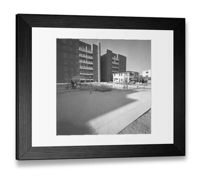 Framed Print : Buildings and swimming pool, (B&W) Framed Print : Buildings and swimming pool, (B&W)