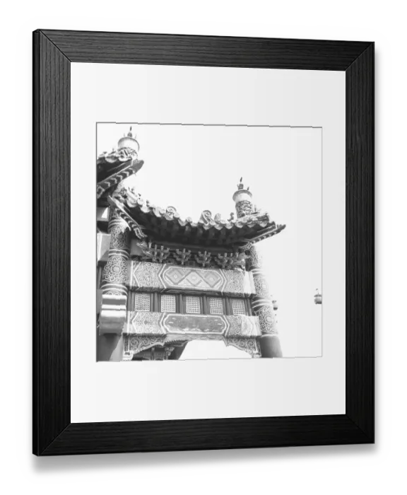Framed Print : Temple pagoda, (B&W), low angle view Framed Print : Temple pagoda, (B&W), low angle view
