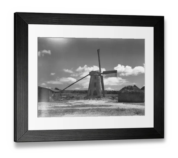 Framed Print : Windmill and haystack in field, (B&W) Framed Print : Windmill and haystack in field, (B&W)