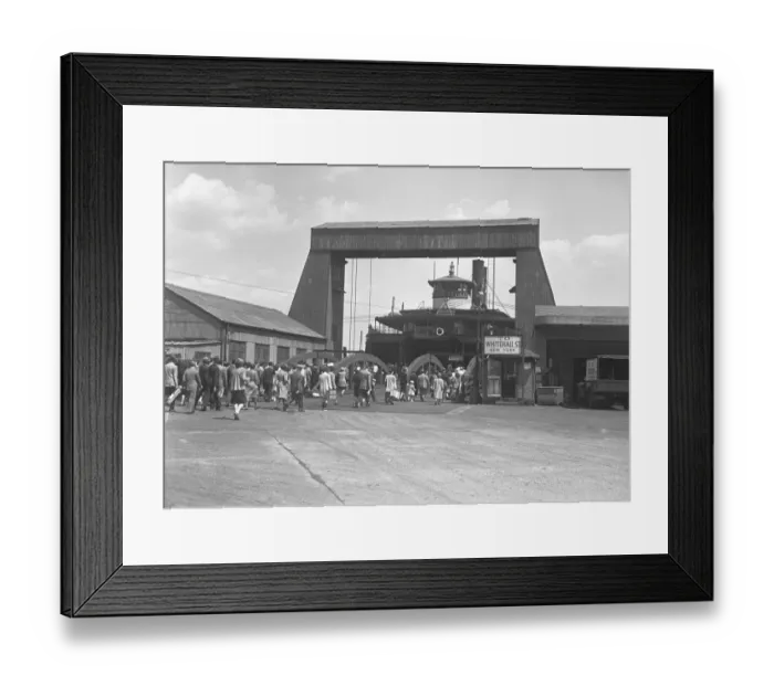 Framed Print : Passengers walking towards ferry gateway, (B&W) Framed Print : Passengers walking towards ferry gateway, (B&W)