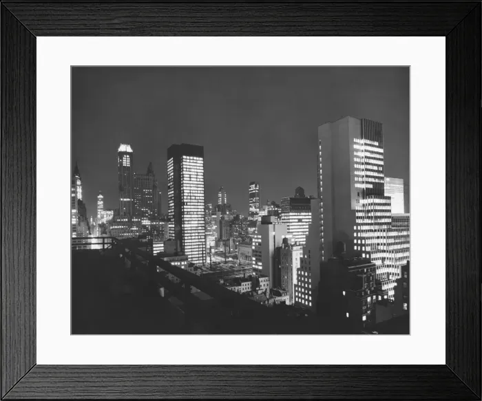 Framed Print : City buildings at night (B&W), elevated view Framed Print : City buildings at night (B&W), elevated view