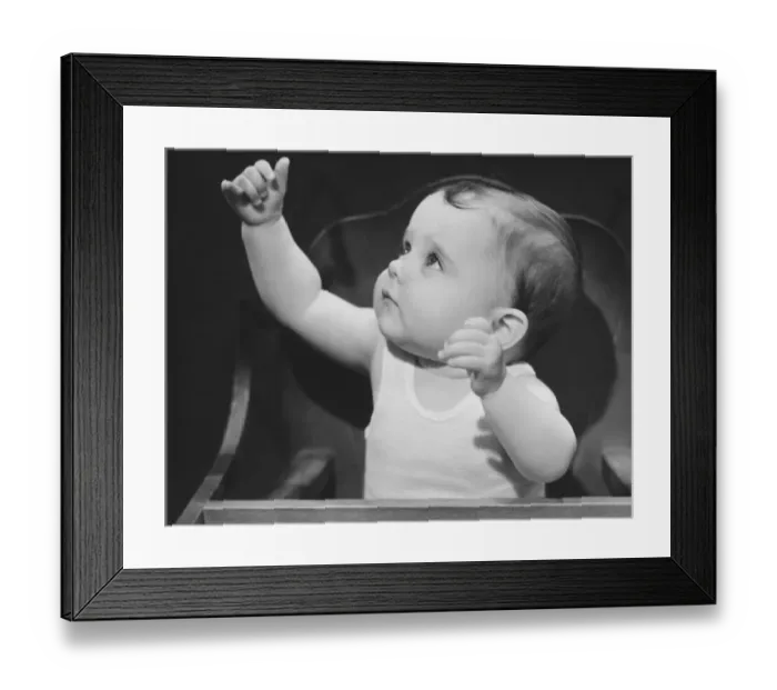 Framed Print : Baby boy (6-9 months) sitting in highchair, raising arms (B&W) Framed Print : Baby boy (6-9 months) sitting in highchair, raising arms (B&W)