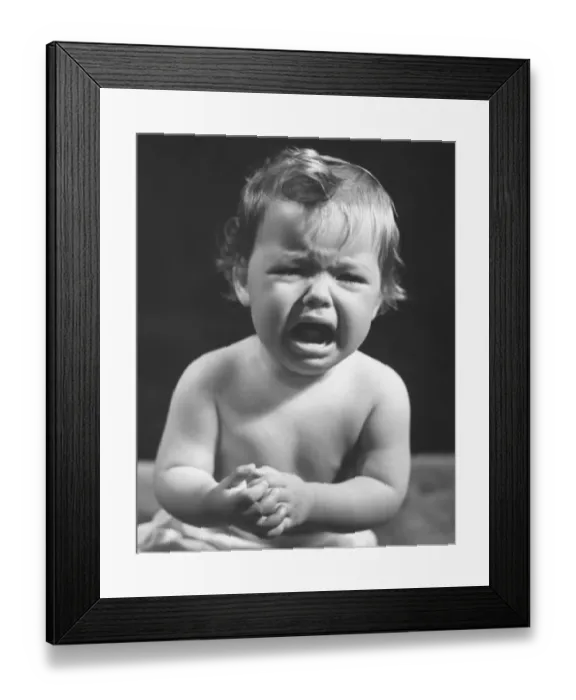 Framed Print : Baby girl (6-9 months) crying (B&W)