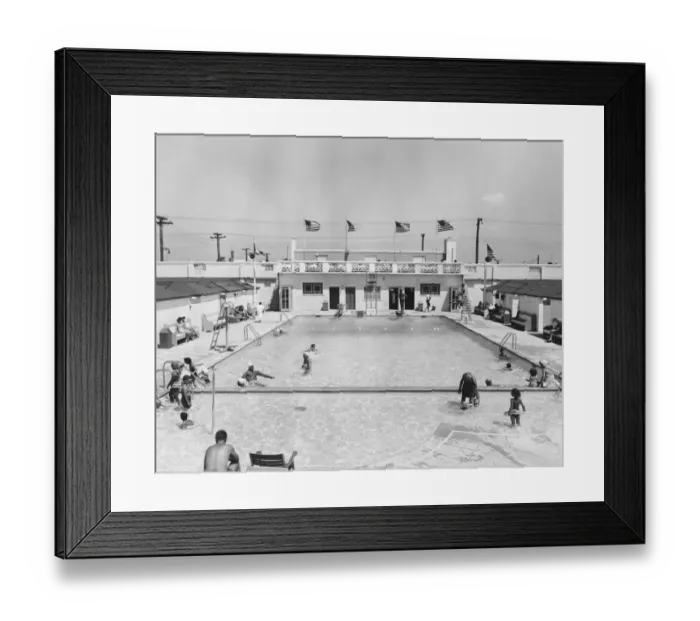 Framed Print : People relaxing in outdoor pool (B&W), elevated view Framed Print : People relaxing in outdoor pool (B&W), elevated view