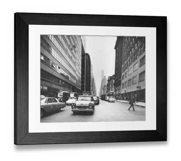 Framed Print : Cars riding on city street (B&W) Framed Print : Cars riding on city street (B&W)