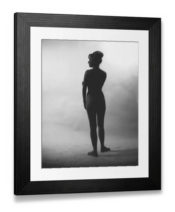Framed Print : Silhuette of nude woman posing in studio, (Rear view), (B&W) Framed Print : Silhuette of nude woman posing in studio, (Rear view), (B&W)