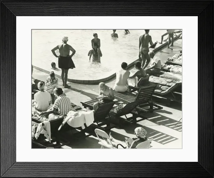 Framed Print : Group of people at swimming pool, (B&W), elevated view