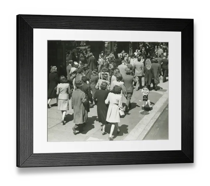 Framed Print : People walking on street, (B&W), elevated view Framed Print : People walking on street, (B&W), elevated view