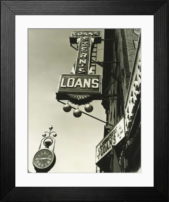 Framed Print : Pawnbrokers signs outside shop, (B&W), low angle view Framed Print : Pawnbrokers signs outside shop, (B&W), low angle view