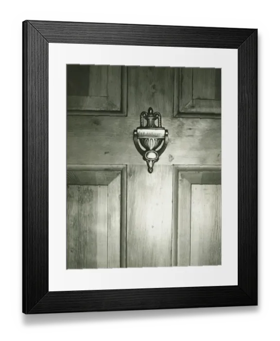 Framed Print : Knocker on front doors, (B&W), close-up Framed Print : Knocker on front doors, (B&W), close-up