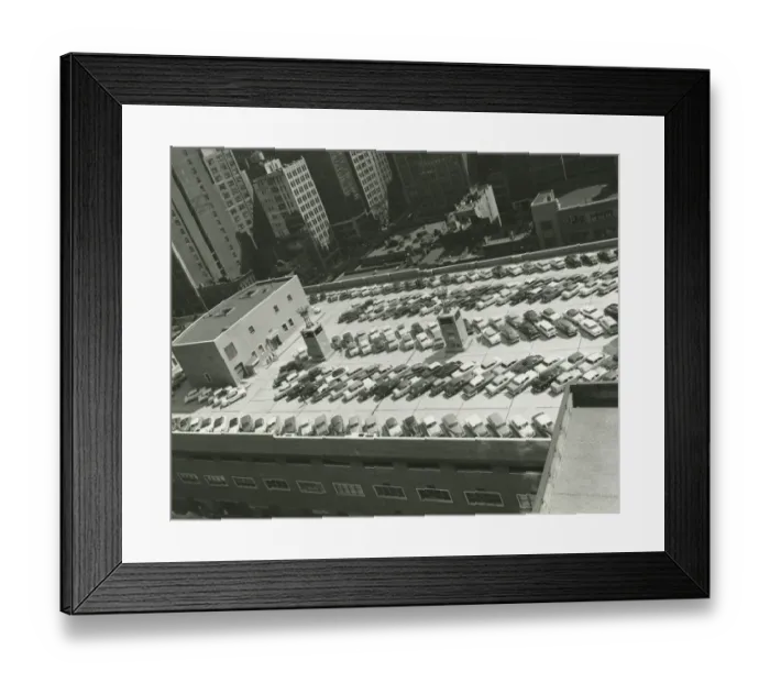 Framed Print : Cars on top level of parking lot, (B&W), (elevated view Framed Print : Cars on top level of parking lot, (B&W), (elevated view