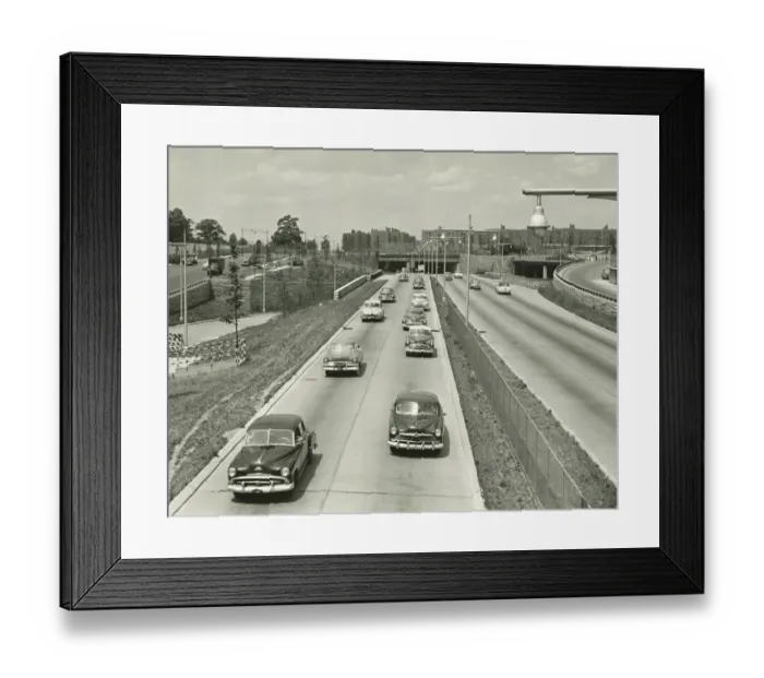Framed Print : Cars on two lane highway, (B&W), elevated view Framed Print : Cars on two lane highway, (B&W), elevated view