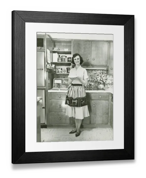 Framed Print : Woman holding pie, posing in kitchen, (B&W), portrait Framed Print : Woman holding pie, posing in kitchen, (B&W), portrait