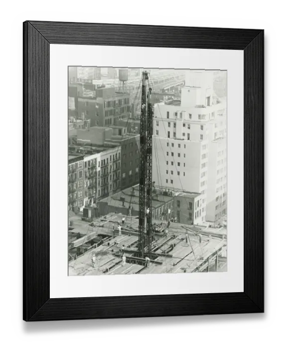 Framed Print : Workers on building site on urban setting, (B&W), elevated view Framed Print : Workers on building site on urban setting, (B&W), elevated view