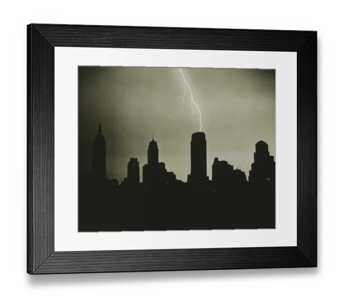 Framed Print : Silhouettes of skyscrapers and lightning on black sky, (B&W) Framed Print : Silhouettes of skyscrapers and lightning on black sky, (B&W)