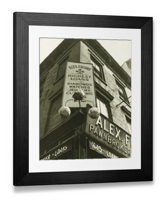 Framed Print : Pawnbroker sign on building corner, (B&W), low angle view