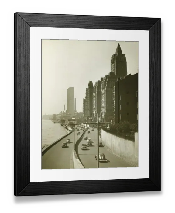 Framed Print : City road alongside river, (B&W) Framed Print : City road alongside river, (B&W)