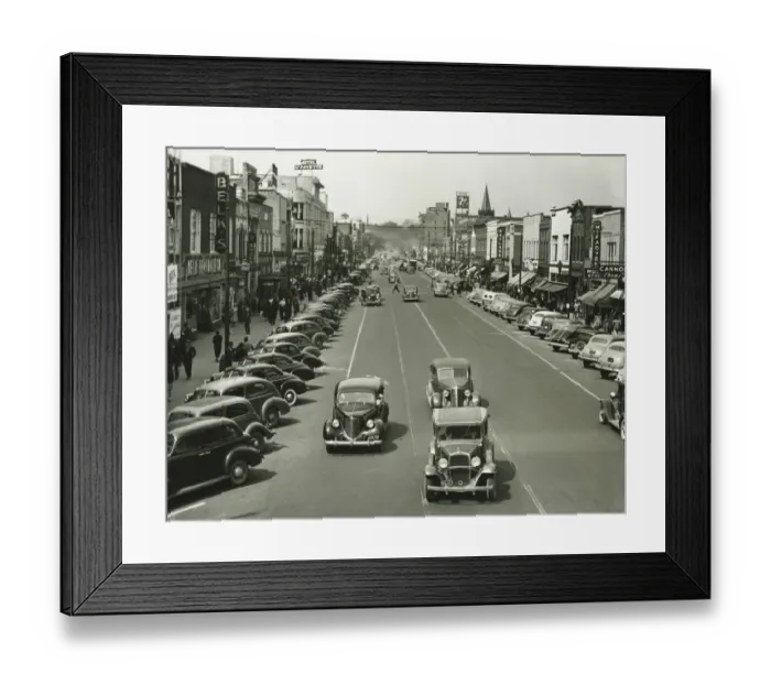 Framed Print : Retro style cars riding on street, (B&W), (Elevated view) Framed Print : Retro style cars riding on street, (B&W), (Elevated view)