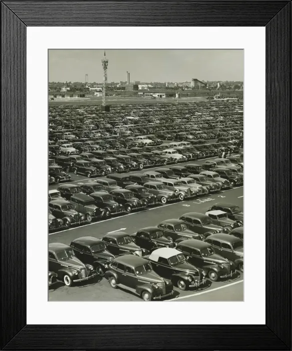 Framed Print : Cars in rows on parking lot, (B&W), (Elevated view) Framed Print : Cars in rows on parking lot, (B&W), (Elevated view)