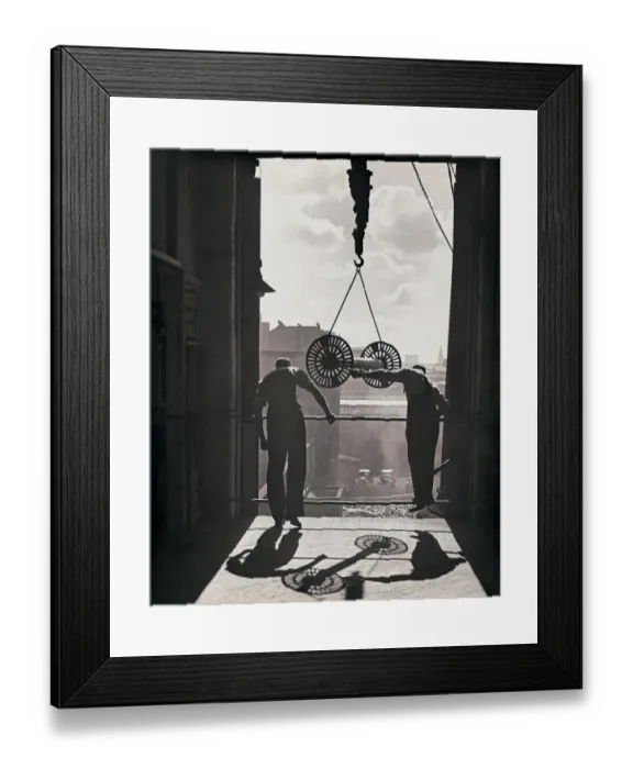 Framed Print : Two workers looking down over railing Framed Print : Two workers looking down over railing