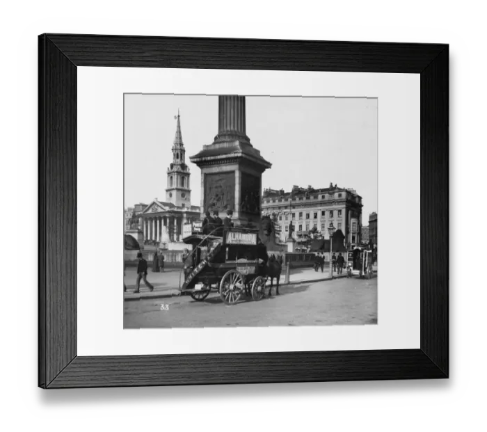 Framed Print : Horse Bus. circa 1900: A London Knifeboard horse bus in Trafalgar Square, London Framed Print : Horse Bus. circa 1900: A London Knifeboard horse bus in Trafalgar Square, London