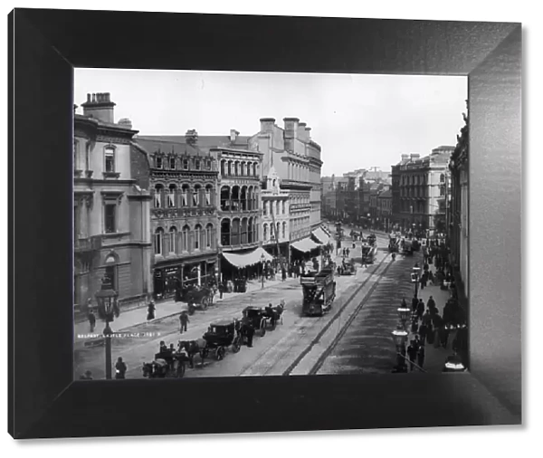 Belfast. circa 1905: Castle Place, Belfast with horse drawn trams and hackney cabs