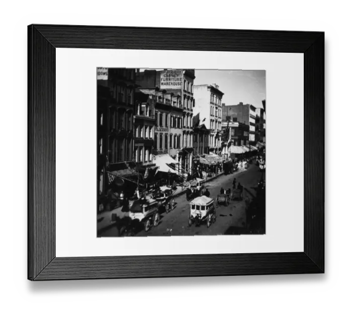 Framed Print : Broadway. 1859: Traffic passes the shops on New Yorks Broadway Framed Print : Broadway. 1859: Traffic passes the shops on New Yorks Broadway
