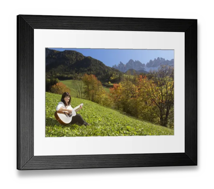Framed Print : Woman playing guitar in the mountains Framed Print : Woman playing guitar in the mountains