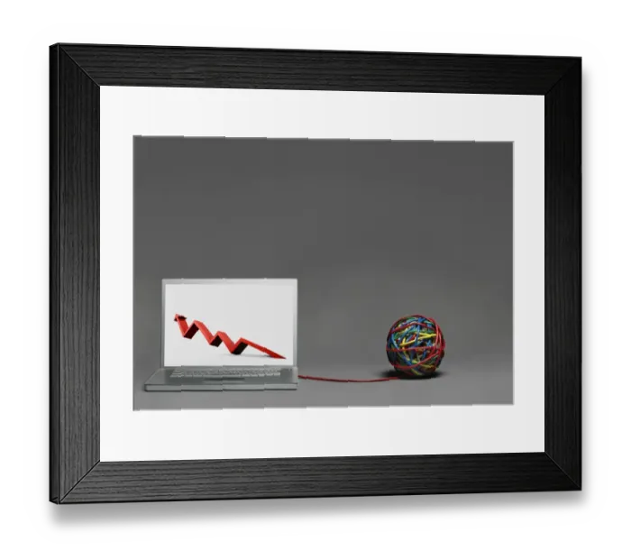 Framed Print : Laptop showing graph connected to cable ball Framed Print : Laptop showing graph connected to cable ball