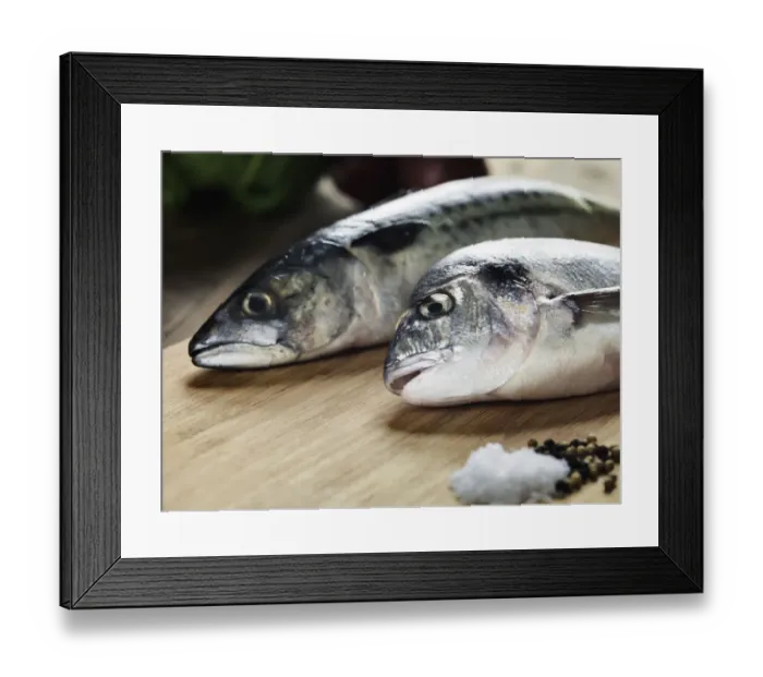 Framed Print : Two fish on a wood cutting board Framed Print : Two fish on a wood cutting board