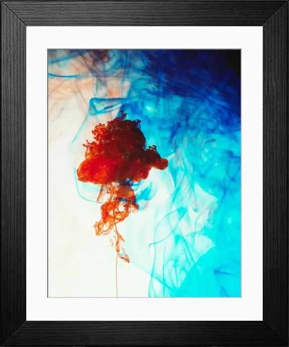 Framed Print : Swirls of floating orange and blue ink in liquid Framed Print : Swirls of floating orange and blue ink in liquid