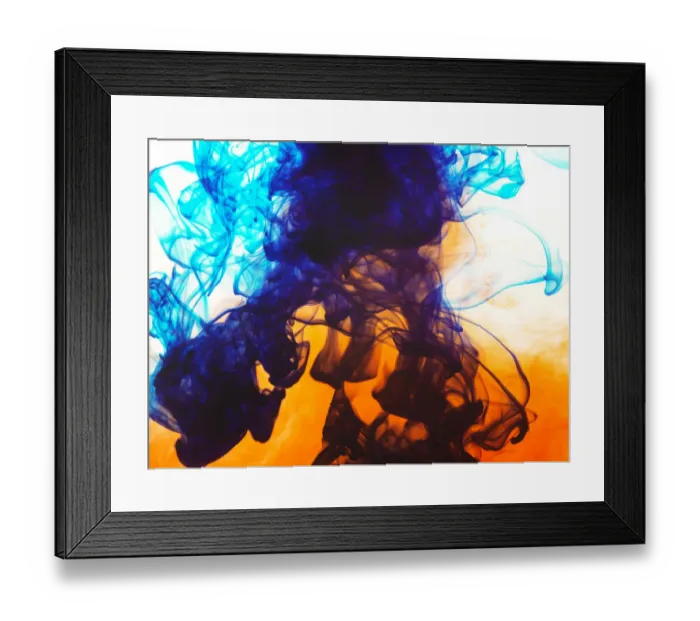 Framed Print : Swirls of spreading orange and blue ink in liquid Framed Print : Swirls of spreading orange and blue ink in liquid