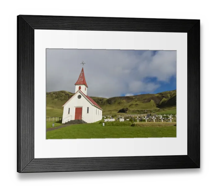 Framed Print : Reyniskirkja, church on Reynisfjara Beach near Vik i Myrdal, South Coast, Iceland Framed Print : Reyniskirkja, church on Reynisfjara Beach near Vik i Myrdal, South Coast, Iceland