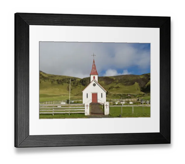 Framed Print : Reyniskirkja, church on Reynisfjara Beach near Vik i Myrdal, South Coast, Iceland