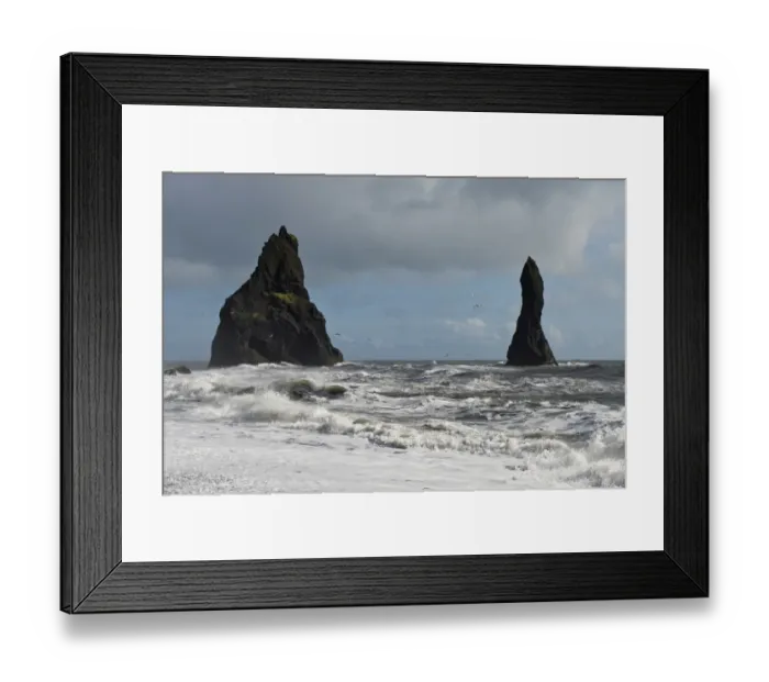 Framed Print : Surf and seagulls, lava beach of Reynisfjara, Reynisdrangar Pinnacles, near Vik i Myrdal, South Coast, Iceland Framed Print : Surf and seagulls, lava beach of Reynisfjara, Reynisdrangar Pinnacles, near Vik i Myrdal, South Coast, Iceland